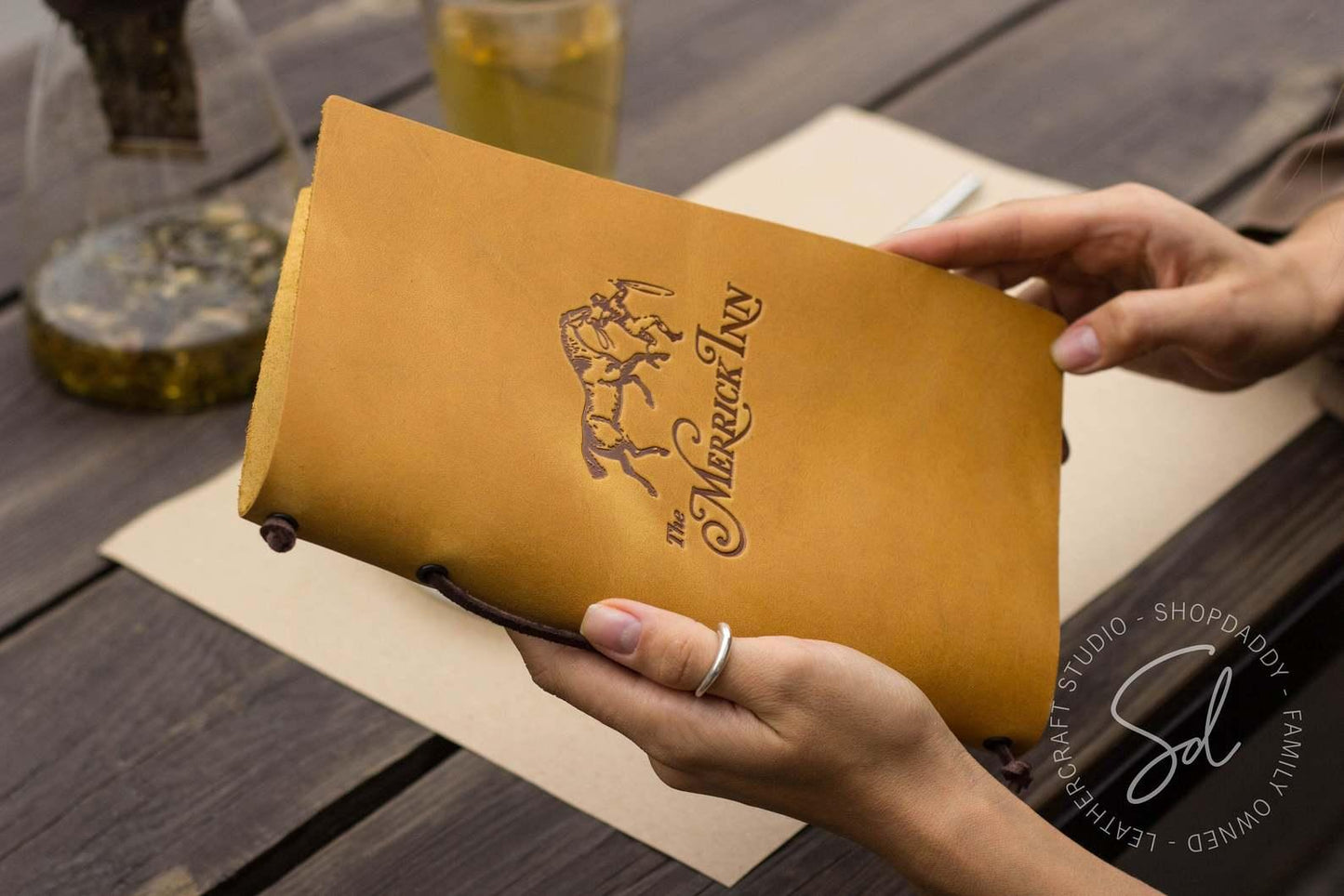 Stylish restaurant Leather Menu Cover with Leather Lace