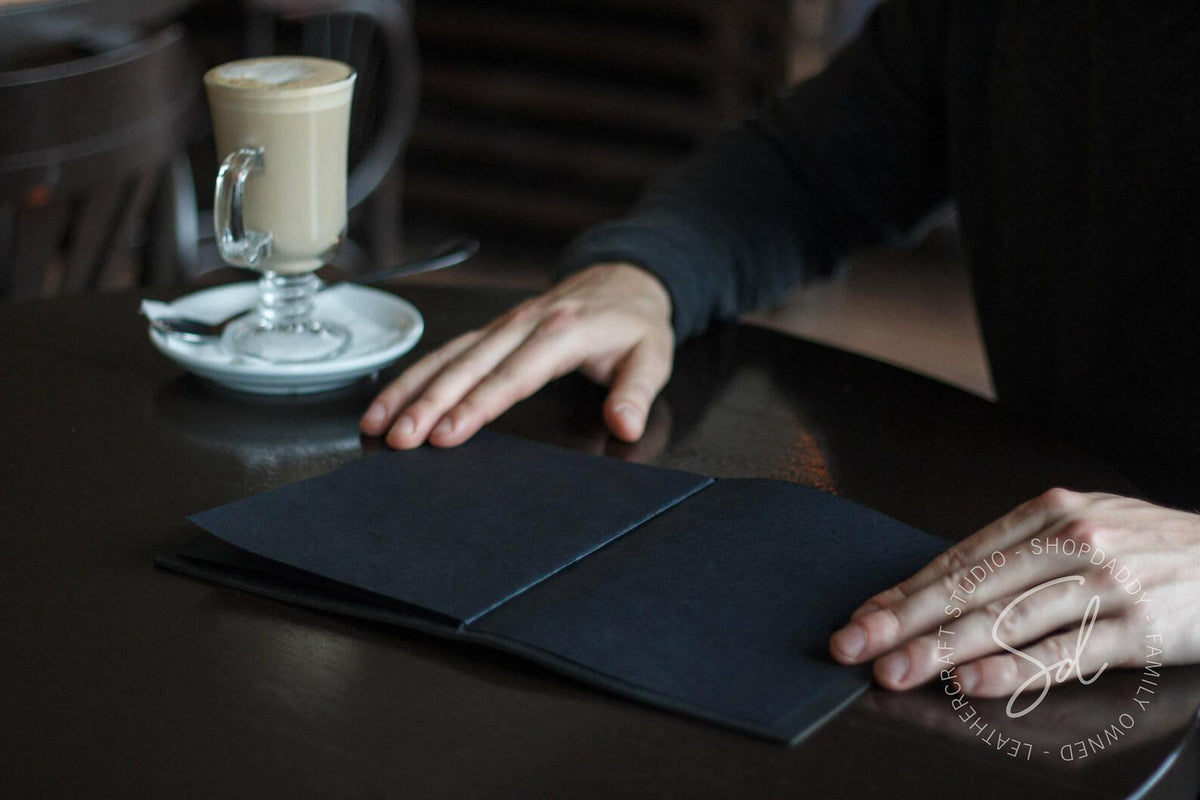 Black Thick Leather Menu Holder with Elastic Band