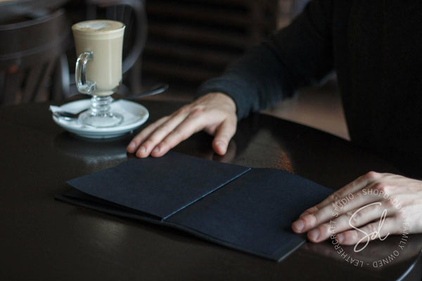 Black Thick Leather Menu Holder with Elastic Band