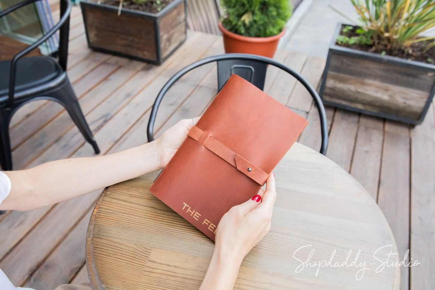Brown Leather Menu Cover with Leather Belt with logo