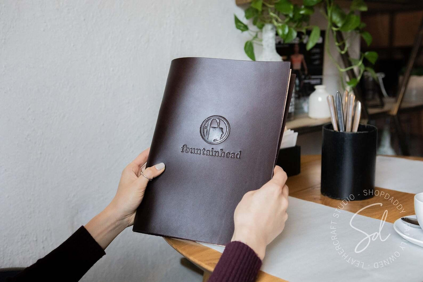 Dark Brown Thick Leather Menu Holder with Steel Rings