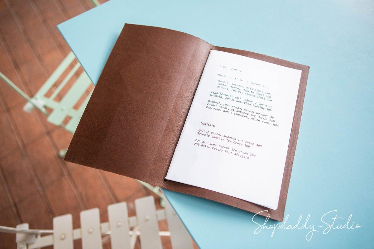 Brown Thick Leather Menu Cover with Pattern for guests