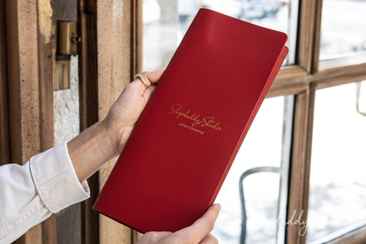 Red Thick Leather Menu Book with Plank