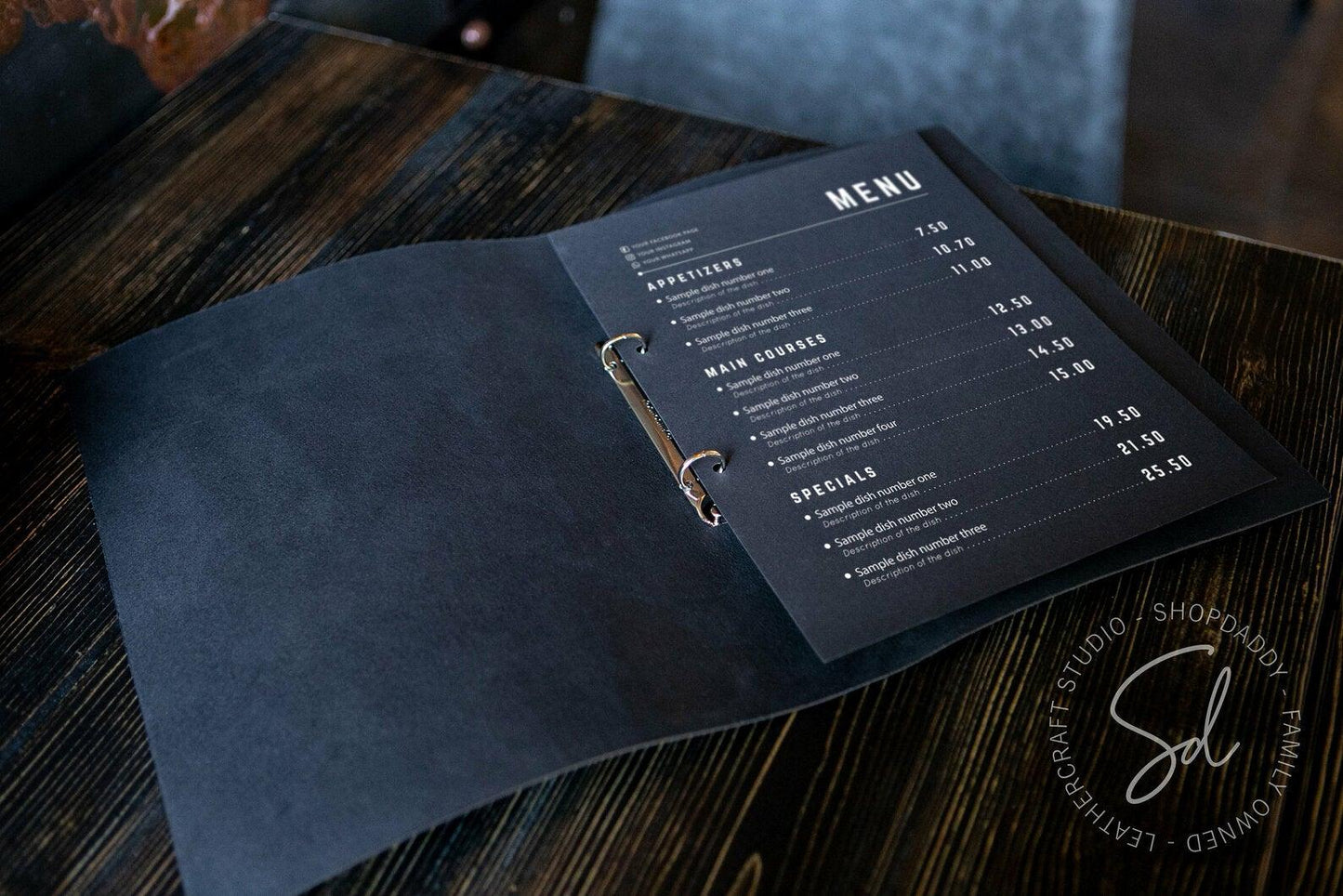 Black Leather Menu Cover with Rings Mechanism