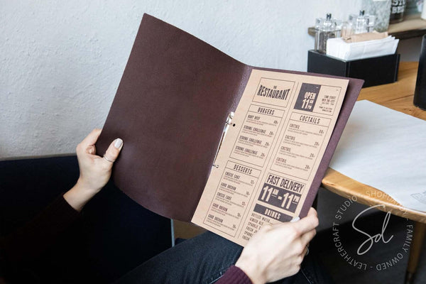 Dark Brown Thick Leather Menu Cover with Steel Rings for restaurant