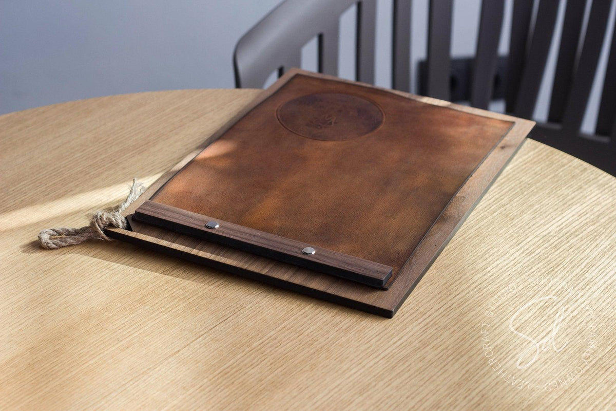 bar wooden Walnut Menu Board Leather Cover & Rope