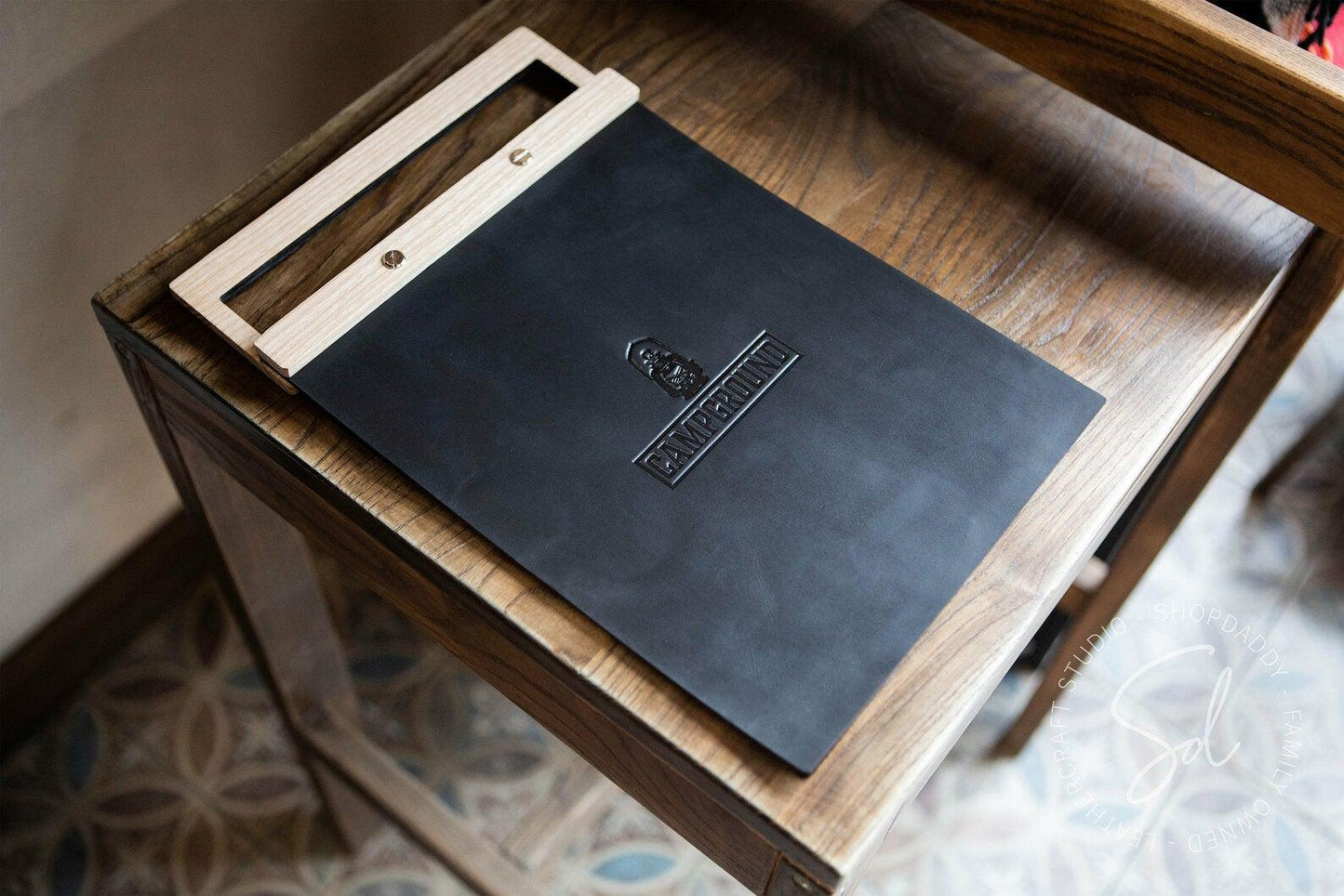 Leather Menu Holder with Wooden Handle and logo