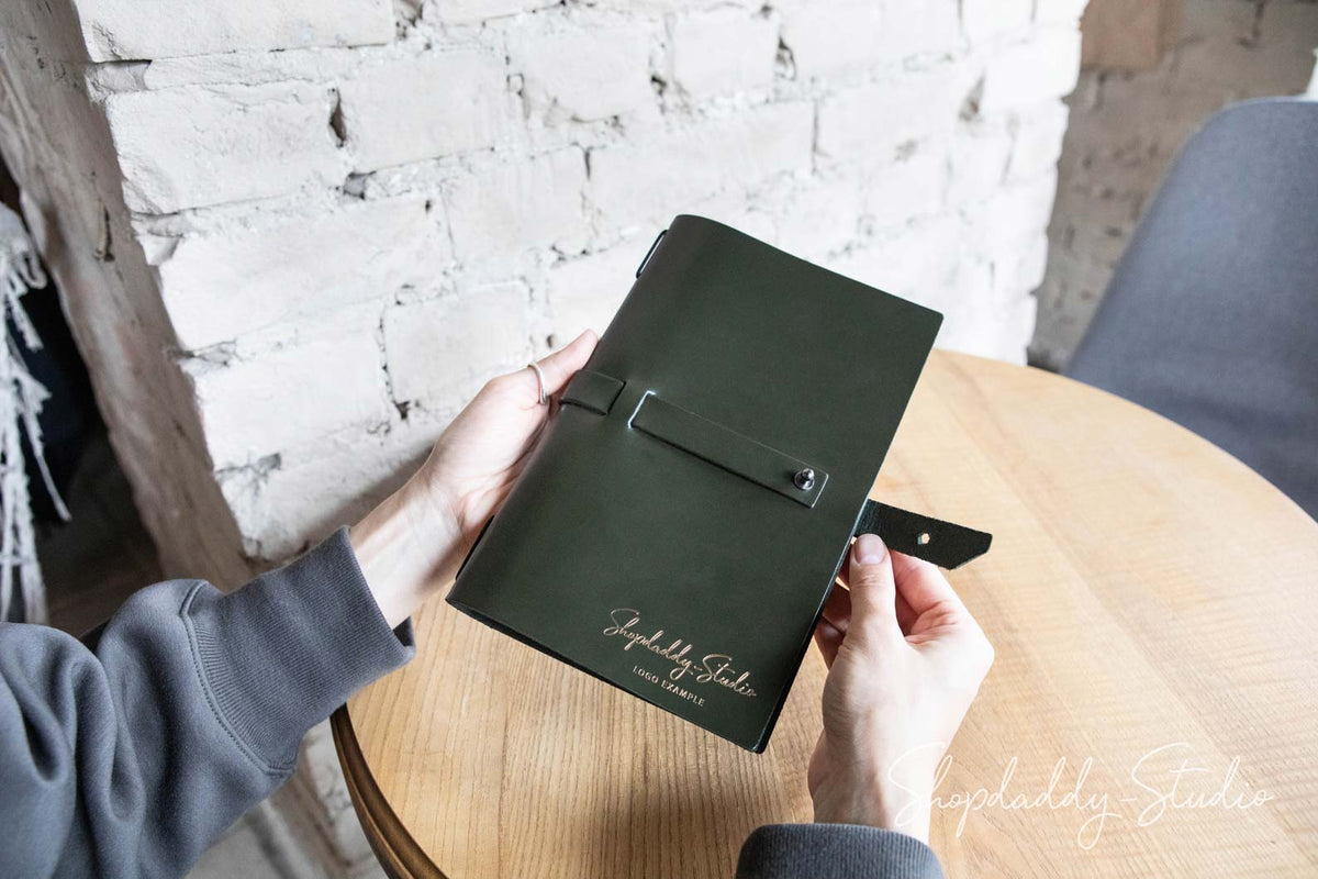 Green Thick Leather Menu Cover with Leather Belt and logo