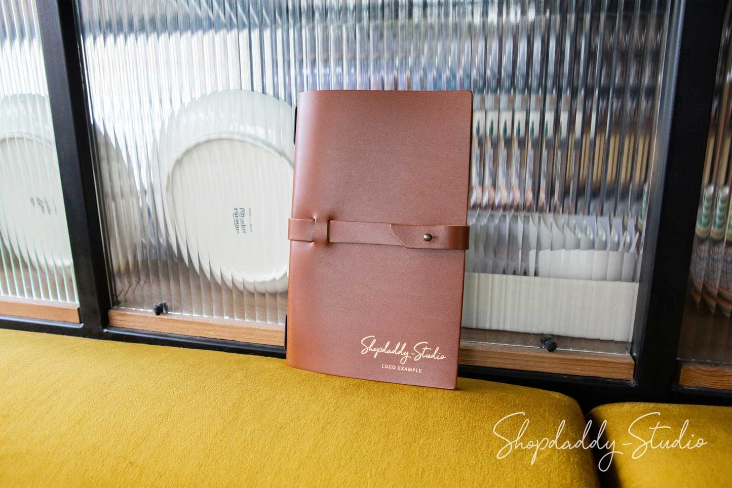 Brown Thick Leather Menu Booklet with Leather Belt