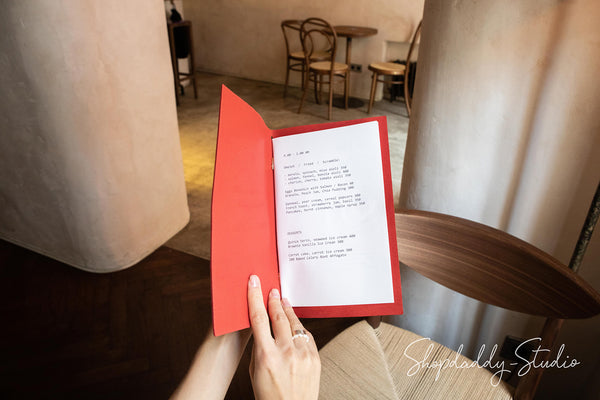 Red Thick Leather Menu Cover with Pattern and logo