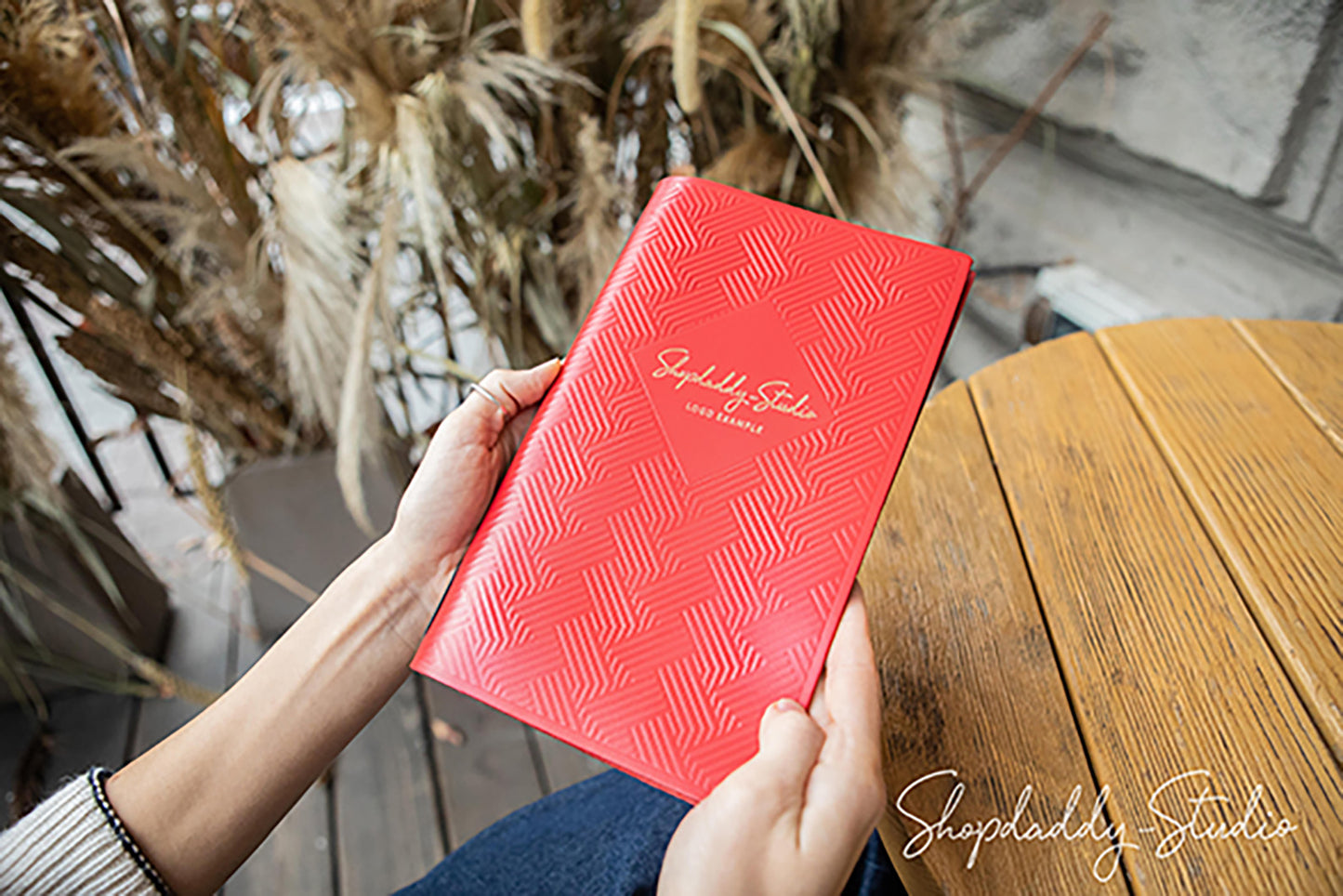 Personalized Red Thick Leather Menu Cover with Pattern