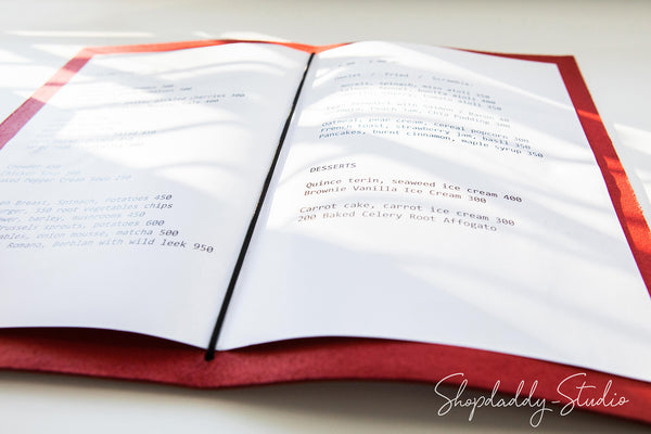 Red Leather Menu Cover with Pattern and logo