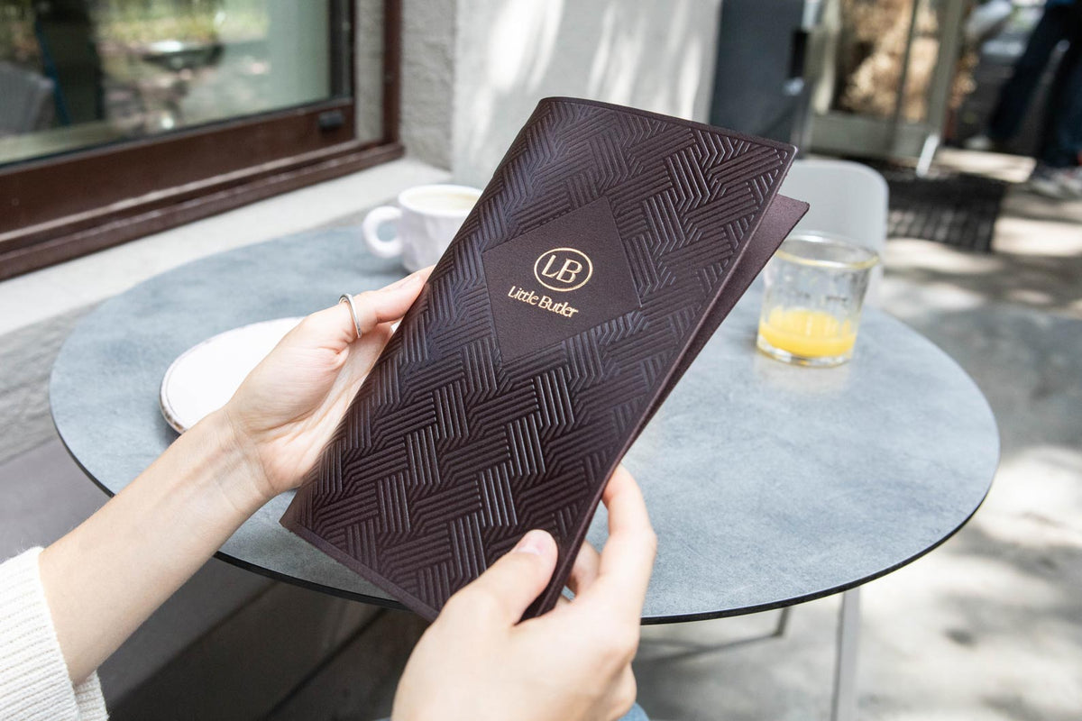 Dark Brown Leather Menu Cover with logo