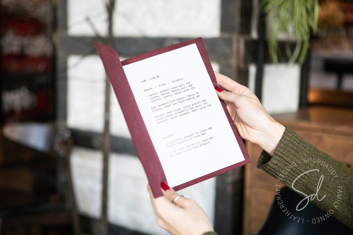 Modern Purple Leather Menu Cover with Elastic Band