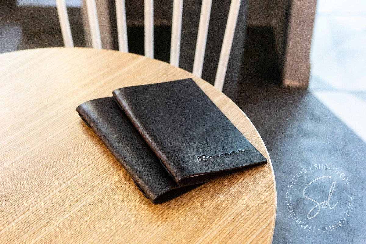 Dark Brown Thick Leather Menu Cover with Elastic Band and logo