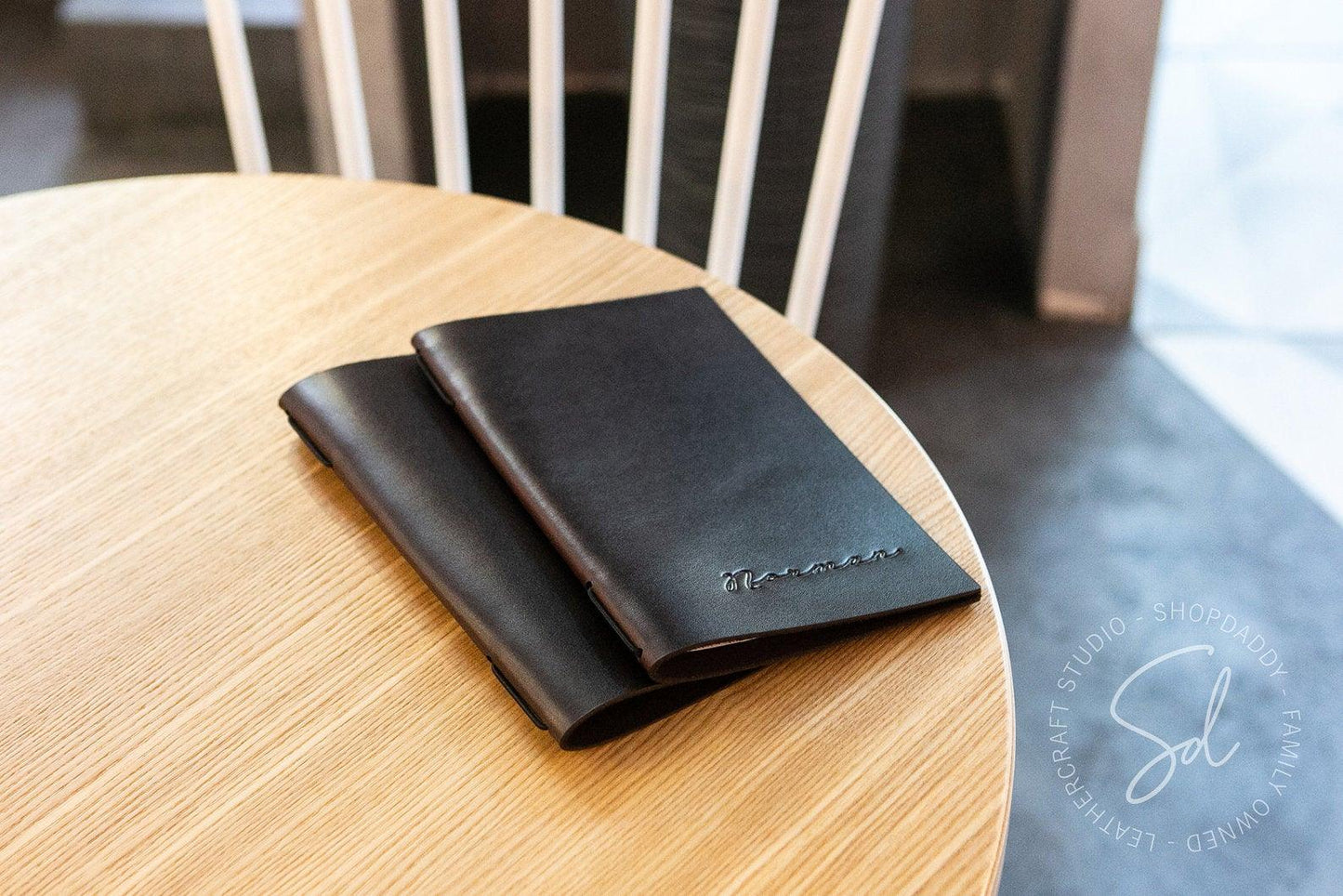 Dark Brown Thick Leather Menu Cover with Elastic Band and logo