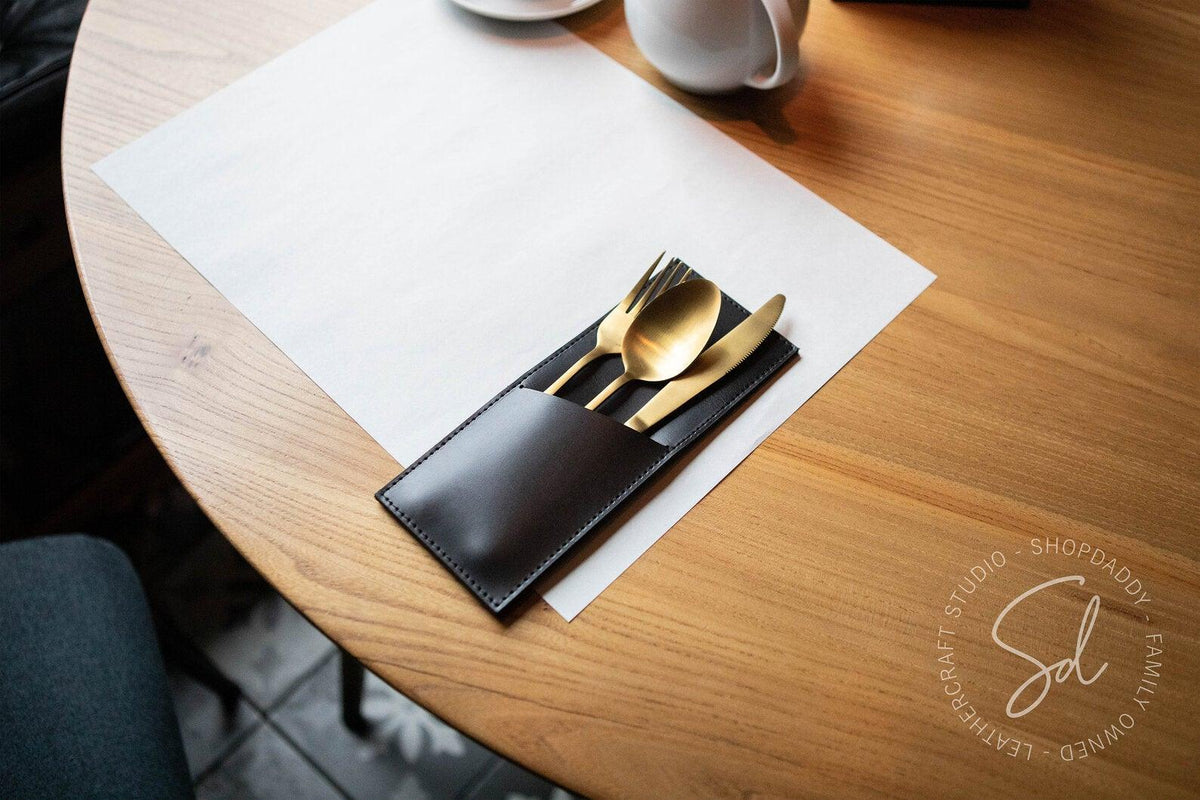 Black Leather Cutlery Holder foe restaurant
