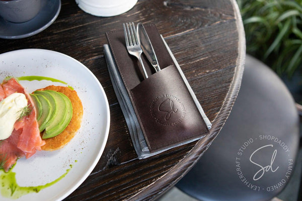 Dark Brown Leather Cutlery Holder with logo