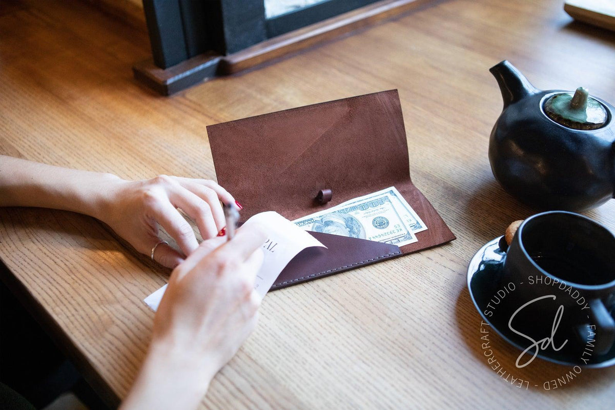 Brown Leather Bill Presenter with Pen Loop