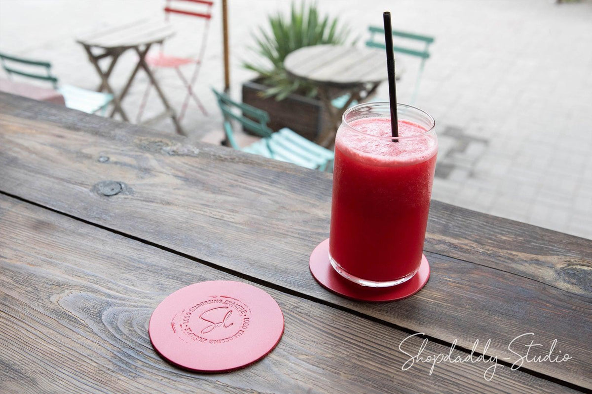  Personalized Red Set of Thick Leather Coasters (5 pcs)