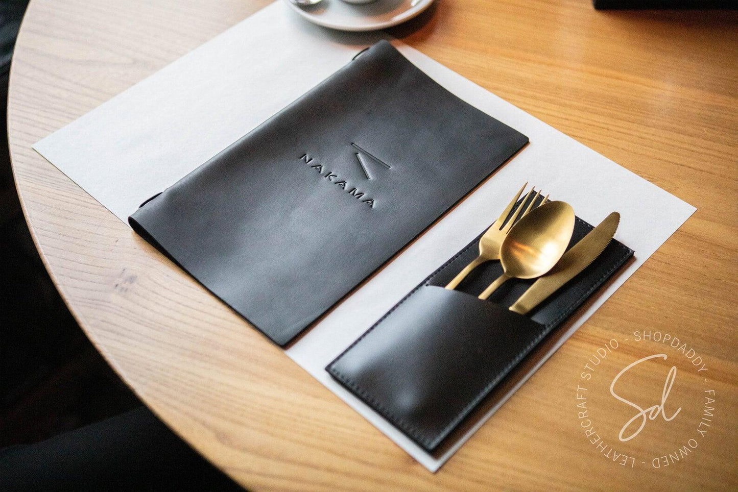 Black Leather Cutlery Holder with logo