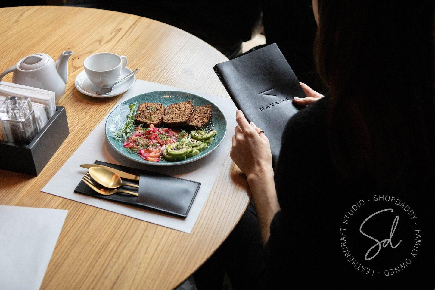 Restaurant Black Leather Cutlery Holder