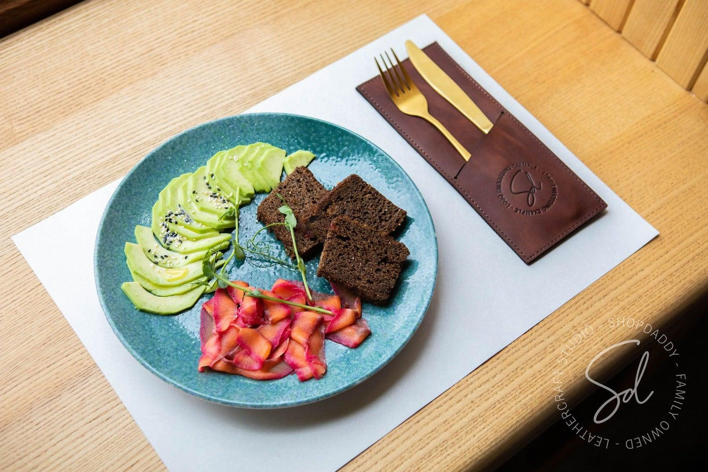Brown Leather Cutlery Holder with logo