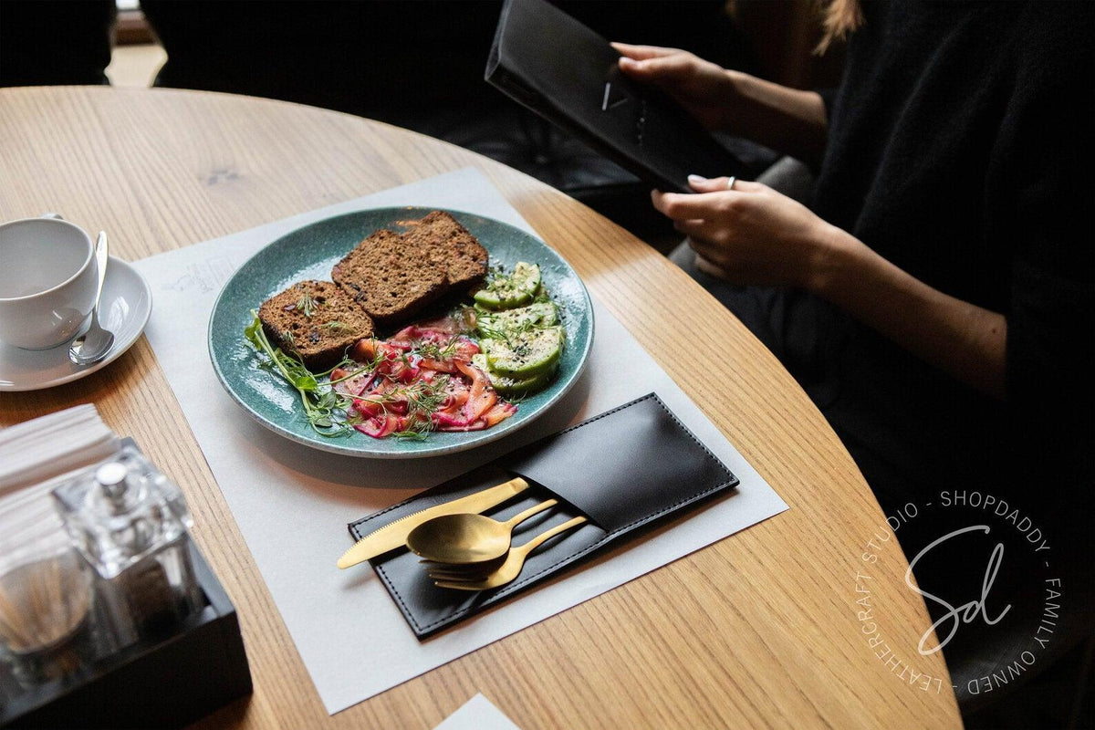 Black Leather Cutlery Pouch