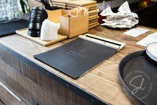Leather Menu Holder with Wooden Handle for bar