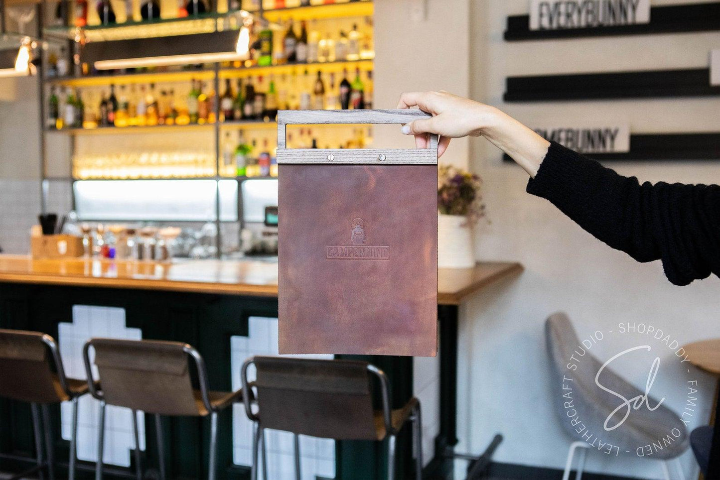 Rusty Leather Menu Holder with Wooden Handle for bar