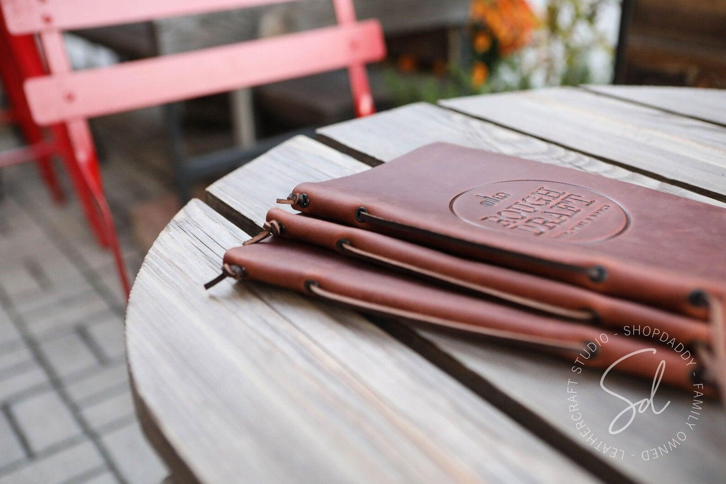 Leather Menu Holder with Leather Lace and logo