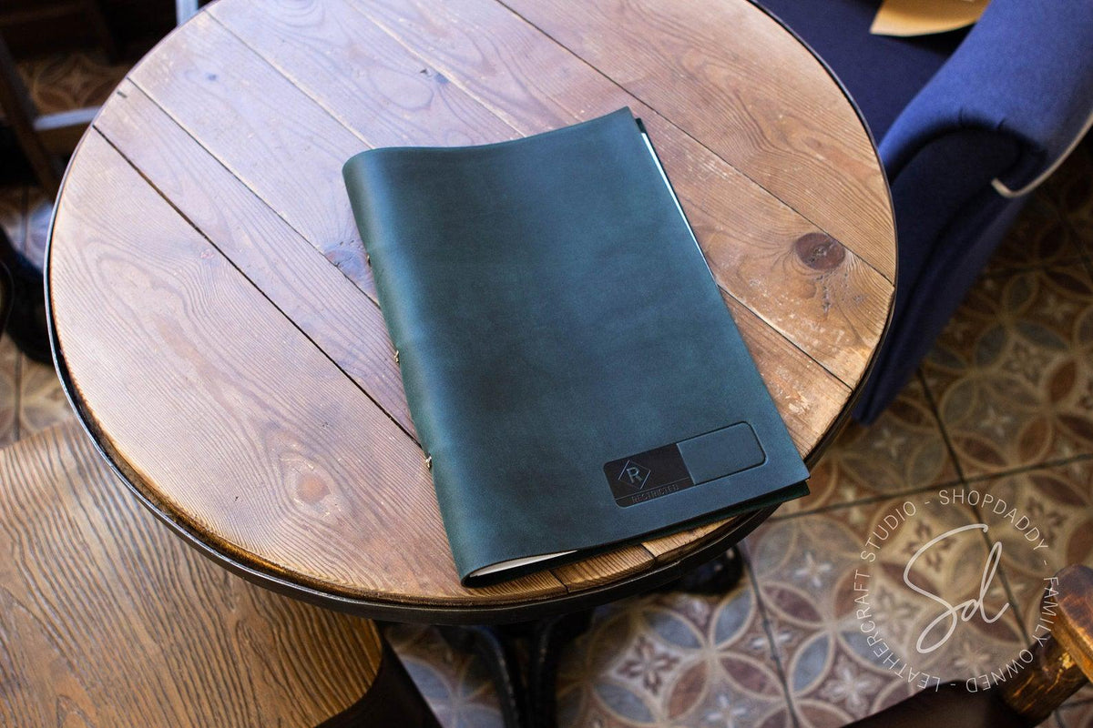 Green Leather Menu Cover with Steel Rings and logo