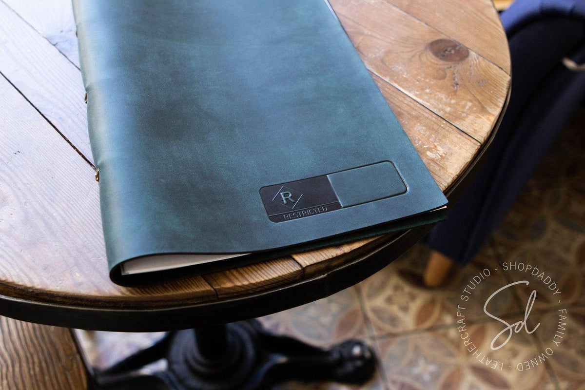 Stylish Green Leather Menu Cover with Steel Rings