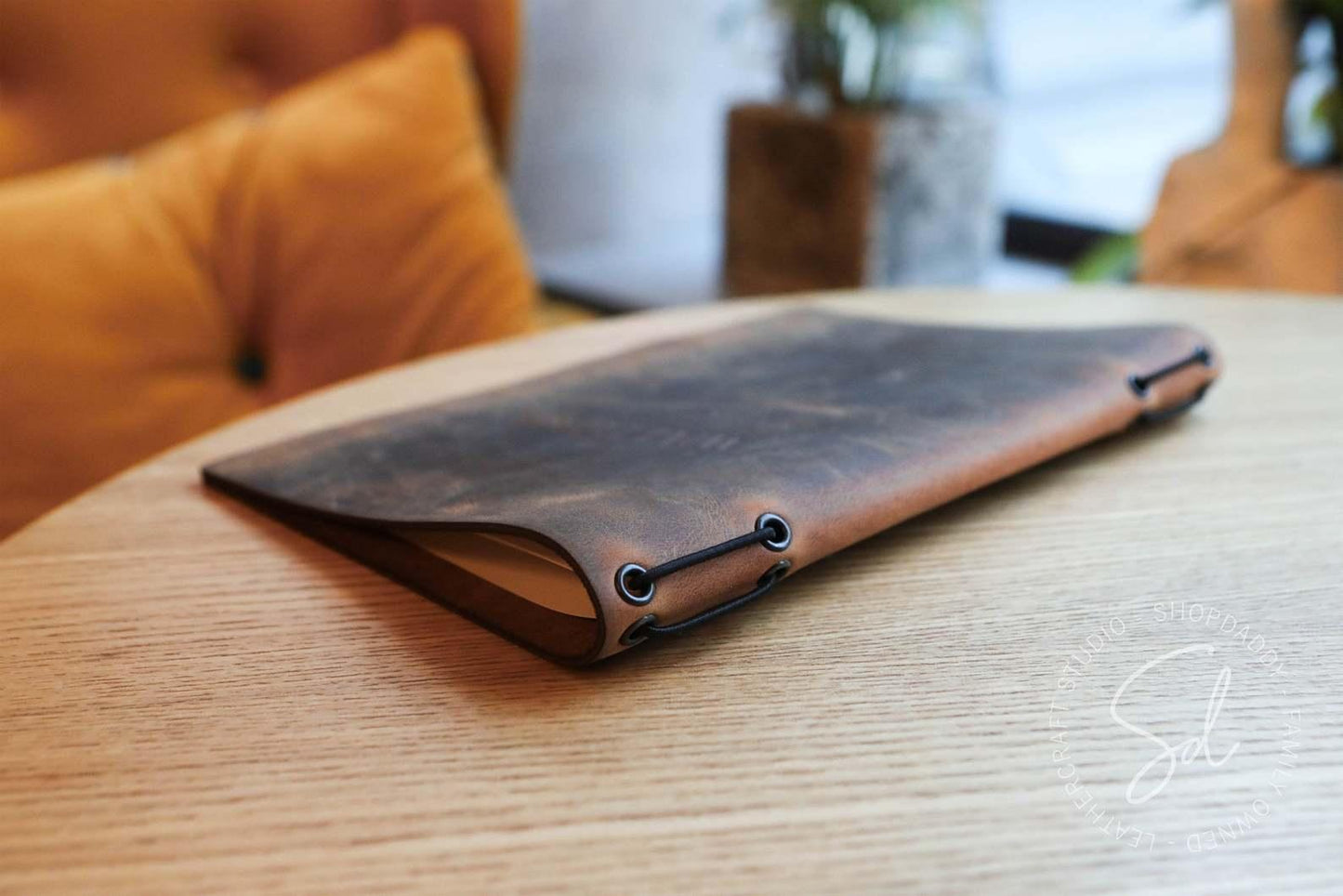 Rusty Leather Menu Holder with Elastic Band