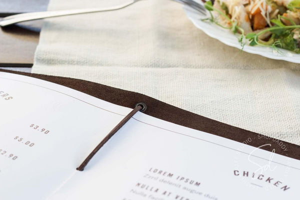 Chocolate Leather Menu Booklet with Leather Lace