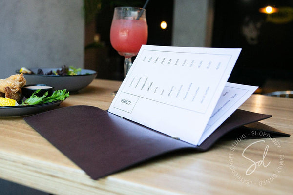 Elegant Dark Brown Thick Leather Menu Cover with Elastic Band
