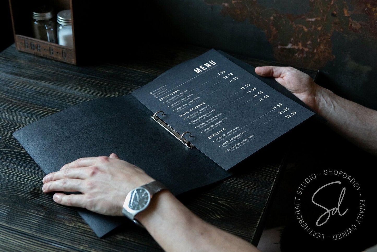 Elegant Black Thick Leather Menu Cover with Rings Mechanism