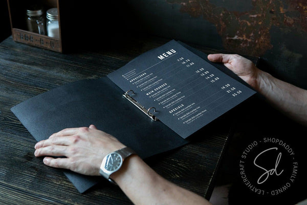 Elegant Black Thick Leather Menu Cover with Rings Mechanism