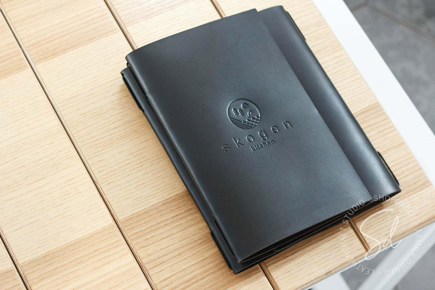 Black Thick Leather Menu Book with Elastic Band A5 