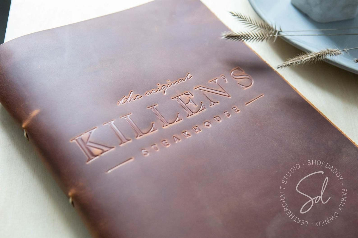 Rusty Leather Menu Cover with Steel Rings for bar