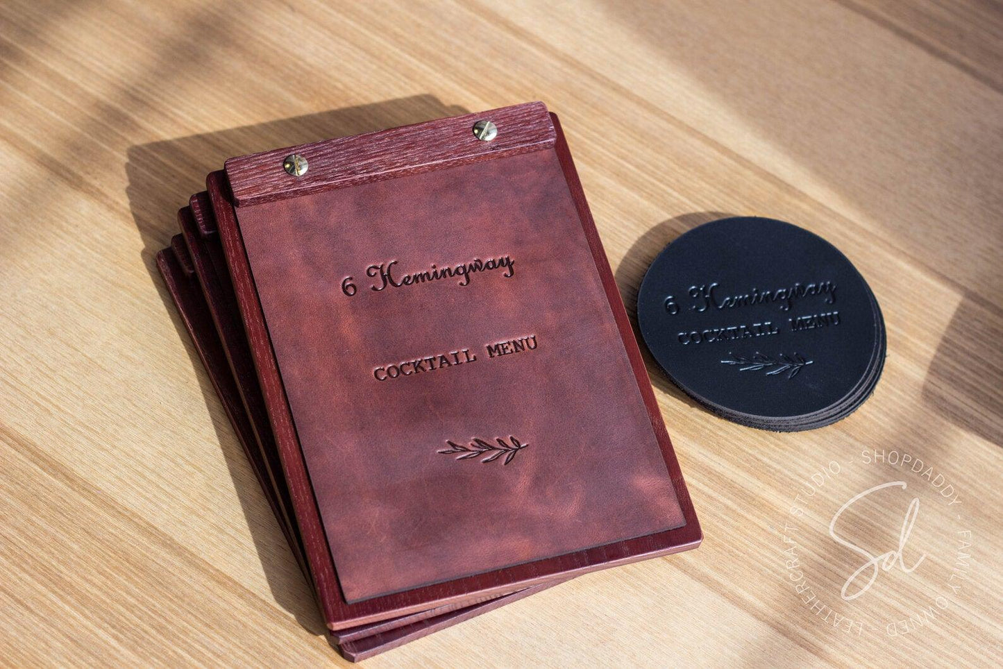 bar wooden Mahogony Menu Board with Leather Cover
