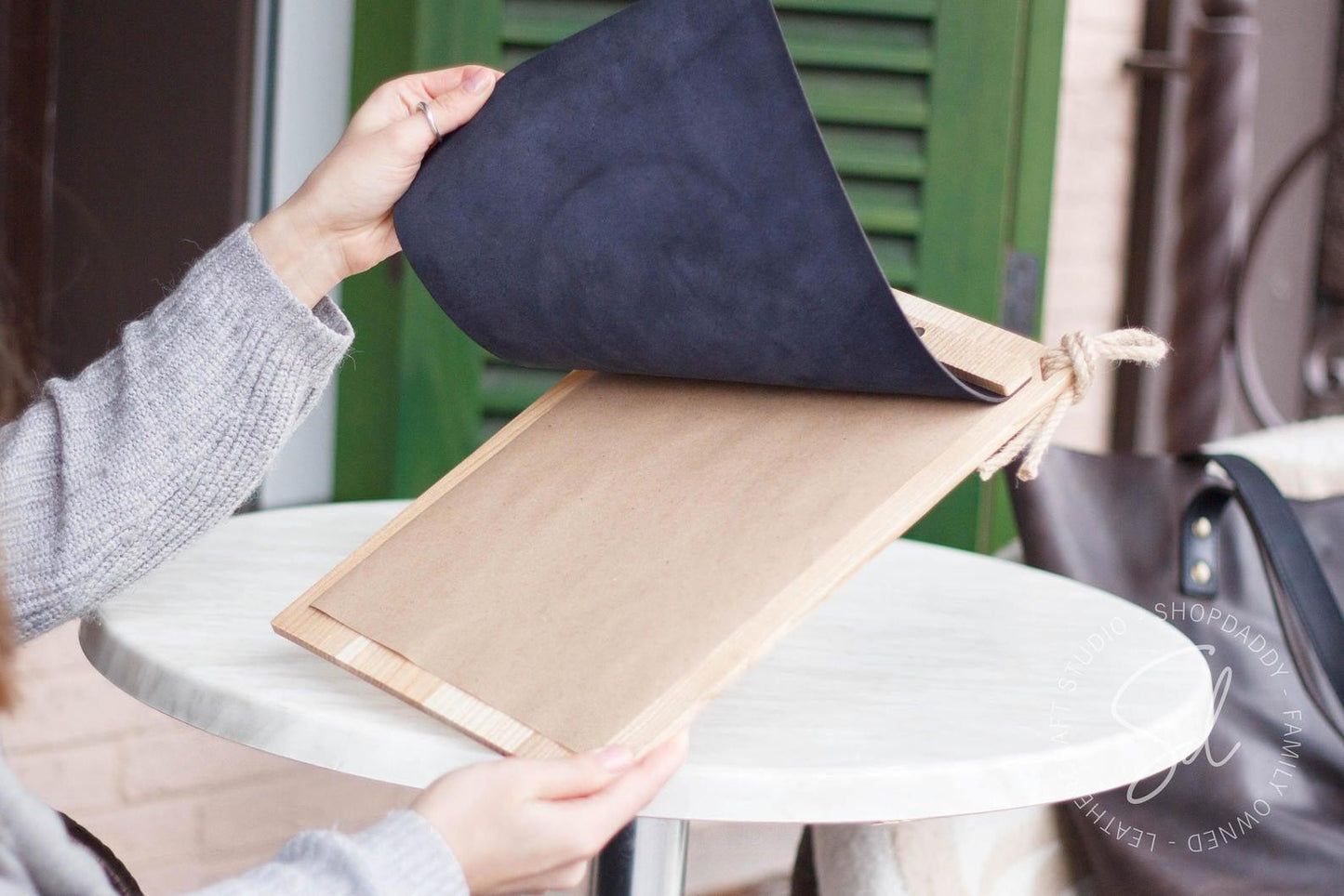 cafe Menu Holder with Leather Cover & Rope