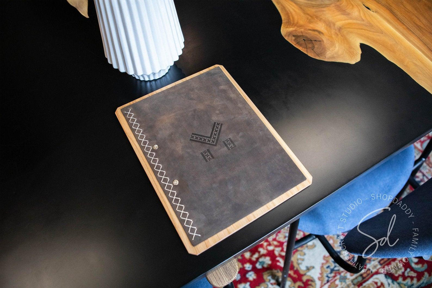 elegant Lacquer Menu Board with Leather Cover & Stitching