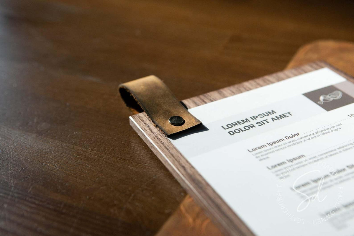 wood restaurant Menu Board with Leather Loop