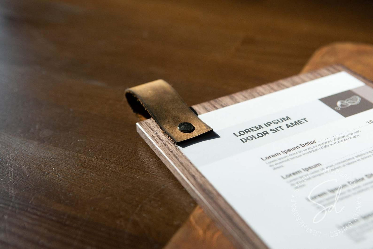 wood restaurant Menu Board with Leather Loop