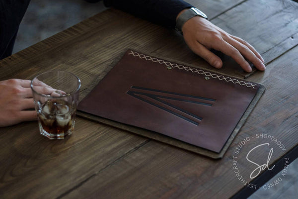 restaurant Walnut Menu Board with Leather Cover & Stitching