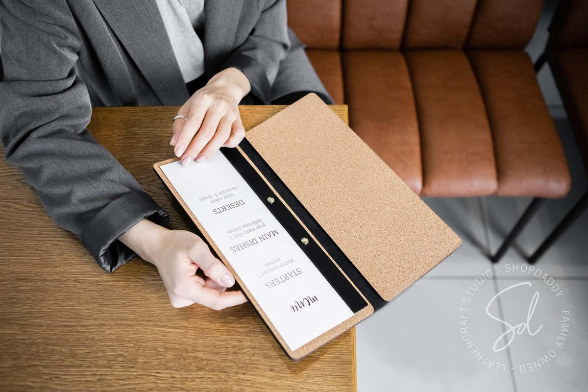 cafe Black Leather Menu Folder with Cork