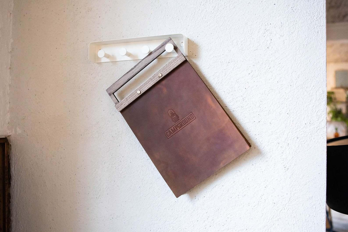Rusty Leather Menu Holder with Wooden Handle for restaurant