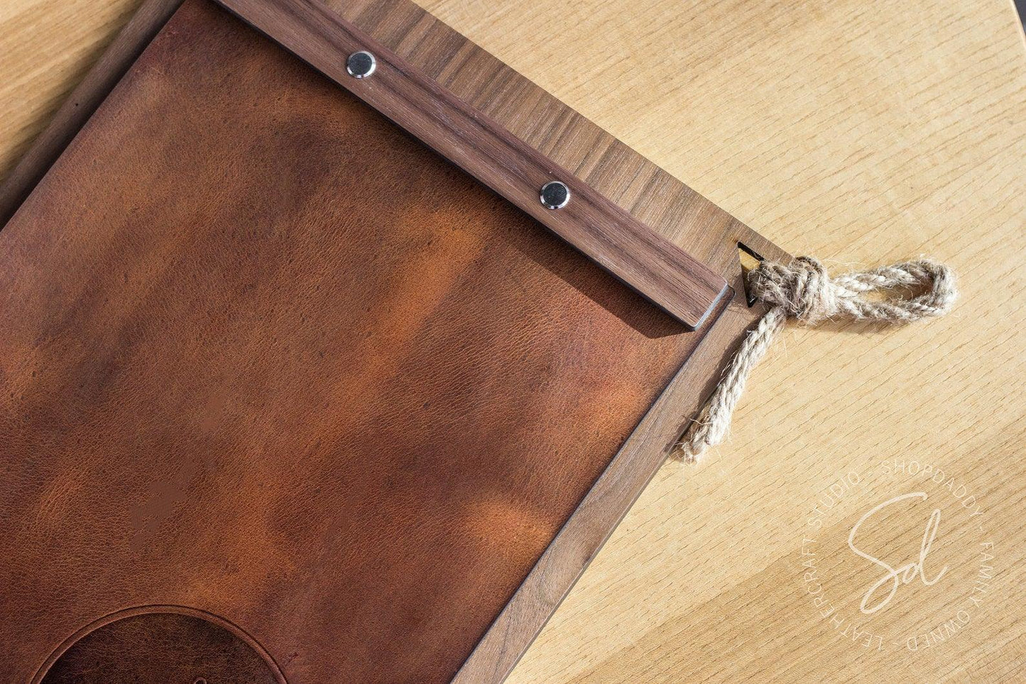 elegant Walnut Menu Board Leather Cover & Rope