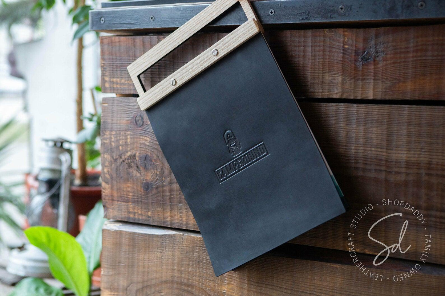 Elegant Leather Menu Holder with Wooden Handle